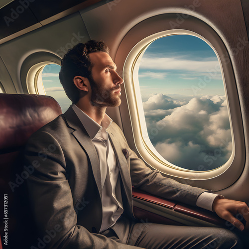 Businessperson at the midpoint of an important journey, looking out the window of a plane and reflecting on the journey so far