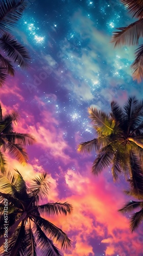 The sky is filled with stars and palm trees