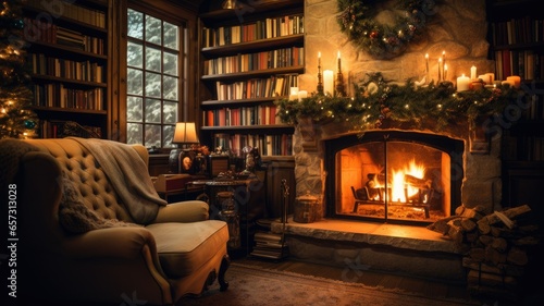 a warmly lit living room with Christmas lights draped around a fireplace or a cozy reading nook. the inviting and comfortable atmosphere.