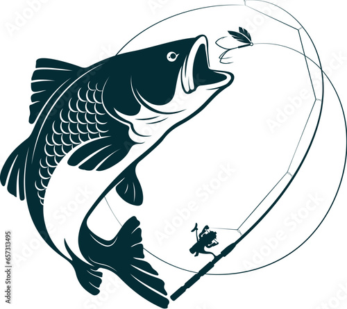 Fish catch and fishing rod with bait on a line. Fishing and leisure design photo