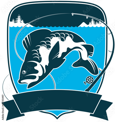 Fish and fishing rod on a shield sign for a fishing tournament. Badge for fishing competition and sport fishing