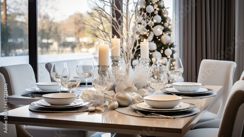 an elegant dining table set for a holiday feast. the fine china, crystal glassware, and festive centerpieces. the minimalist design that exudes sophistication.