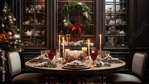 an elegant dining table set for a holiday feast. the fine china, crystal glassware, and festive centerpieces. the minimalist design that exudes sophistication. © lililia