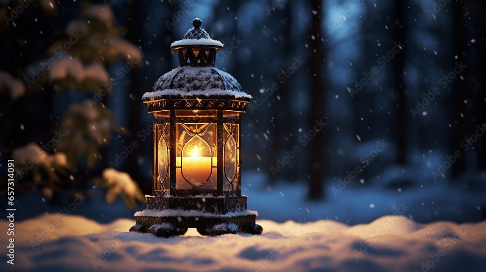Candle lantern in snow, Generative AI