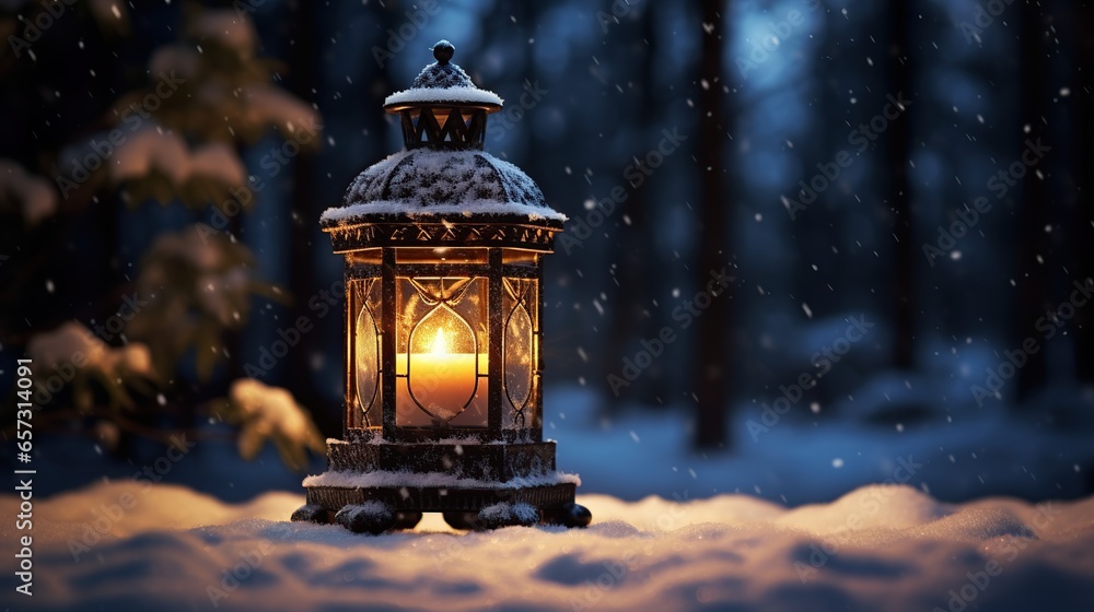Candle lantern in snow, Generative AI Candle lantern in snow, Generative AI