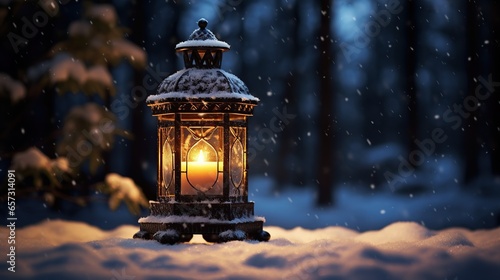 Candle lantern in snow, Generative AI
