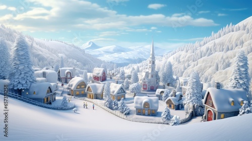 Fototapeta Naklejka Na Ścianę i Meble -  a quaint village or small town covered in snow. charming houses with smoke rising from chimneys, snow-covered streets, and the cozy, welcoming feel of winter in a close-knit community.