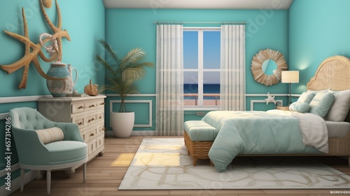 A coastal-themed bedroom with aqua blue walls and seashell accents.