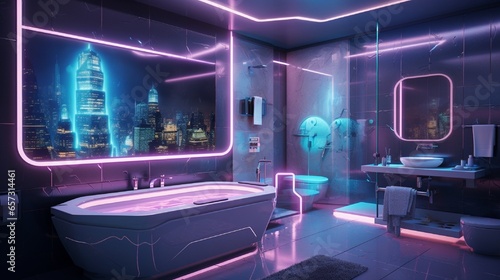 A futuristic bathroom with holographic tiles and LED-lit fixtures.