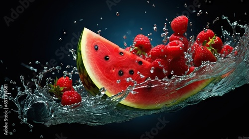  a slice of watermelon with raspberries falling into the water.  generative ai