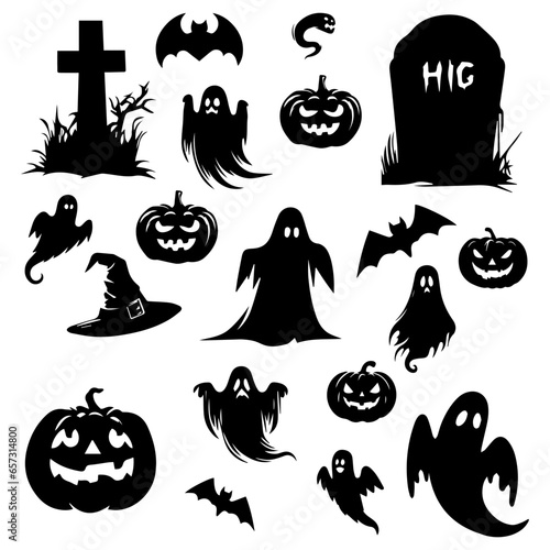 Vector illustration. Set of silhouette Halloween stickers. Creepy witches spiders pumpkins bats.