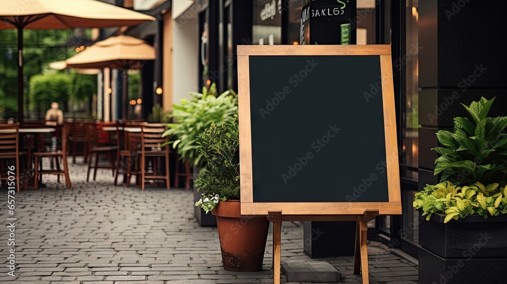  a blackboard sign sitting on the side of a sidewalk.  generative ai