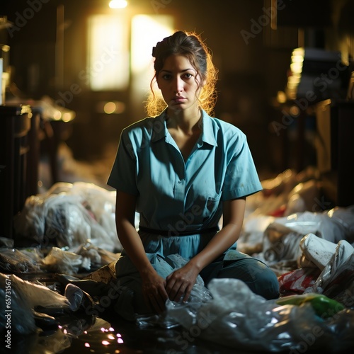 A girl is cleaning a very dirty room. The maid cleans the room from the terrible mess. Cleaning abandoned rooms of the house. A woman in uniform in a hotel room.