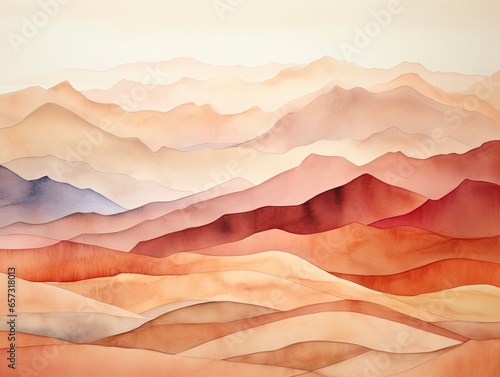 Watercolor painting of a mountain range and sand dunes in a variety of colors, including red, orange, and brown.