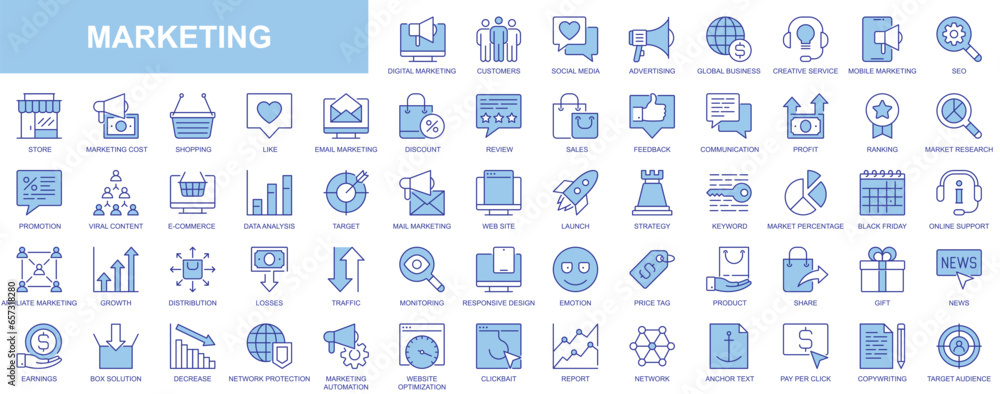 Marketing web icons set in blue line design. Pack of social media, advertising, global business, seo, viral content, online shopping, review, sale, feedback and other. Vector outline stroke pictograms Marketing web icons set in blue line design. Pack of social media, advertising, global business, seo, viral content, online shopping, review, sale, feedback and other. Vector outline stroke pictograms