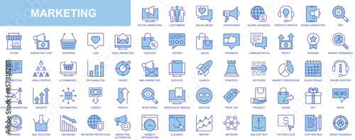 Marketing web icons set in blue line design. Pack of social media, advertising, global business, seo, viral content, online shopping, review, sale, feedback and other. Vector outline stroke pictograms