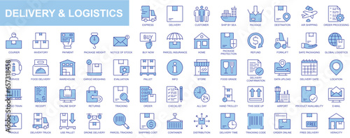 Delivery and logistics web icons set in blue line design. Pack of express, air ship, order processing, courier, payment, parcel protection, warehouse, cargo and other. Vector outline stroke pictograms