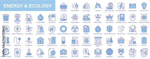 Energy and ecology web icons set in blue line design. Pack of solar panel, recyclable, gas fuel, save planet, accumulator, trash bin, factory pollution, eco and other. Vector outline stroke pictograms