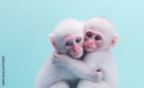 A kind of two albino white monkeys that is rarely found in the wild hug each other. Love and Valentine day with animals. Blue mint color background.