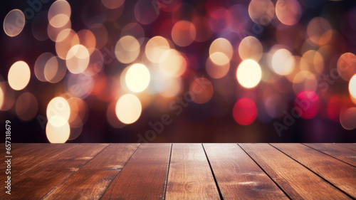 Wooden Surface with Colorful Bokeh Lights
