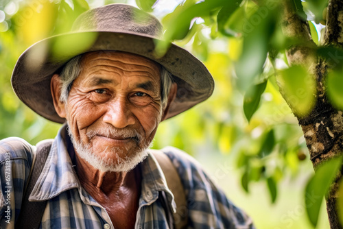 Farmer worker, man working in orchard fruit garden. Generative AI