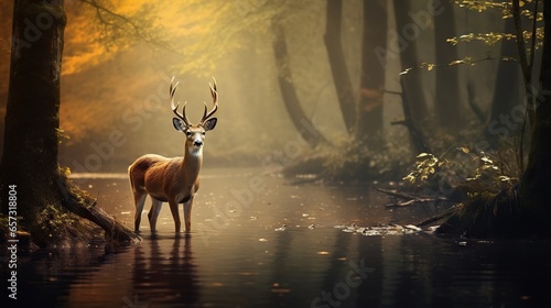  a deer standing in the middle of a forest next to a river. generative ai