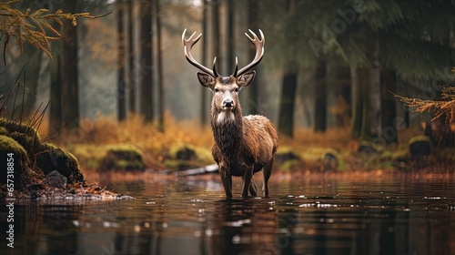  a deer is standing in the middle of a stream in the woods. generative ai