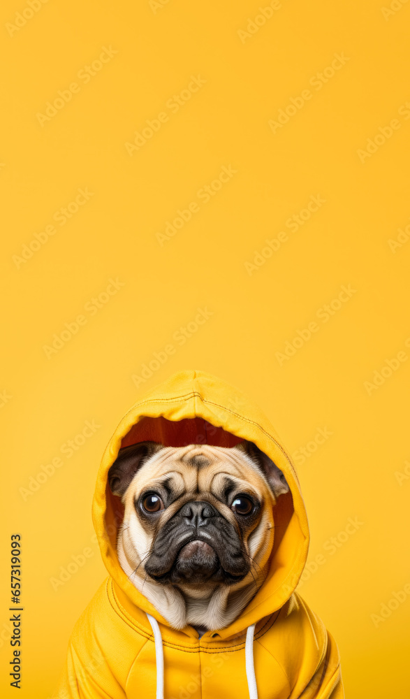 Funny looking dog wearing sport sweatshirt hoodie. Vertical banner with copy space above. Generative AI