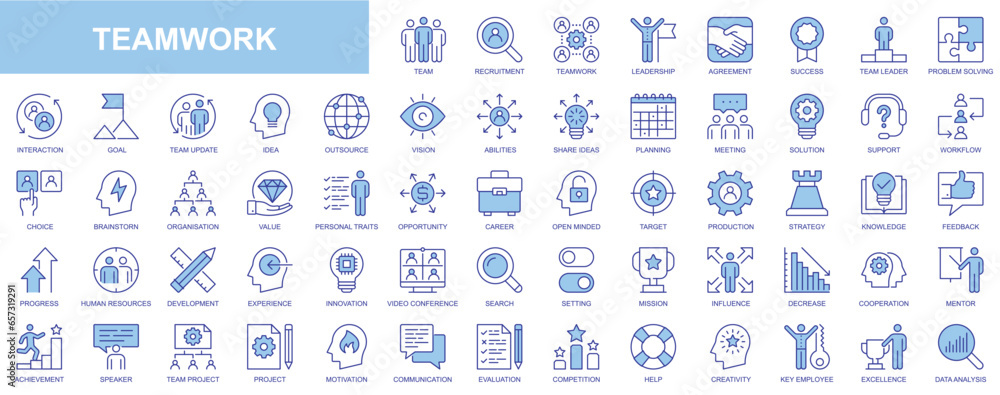 Teamwork web icons set in blue line design. Pack of team, recruitment, leadership, agreement, success, leader, problem solving, interaction, goal, idea, vision, other. Vector outline stroke pictograms Teamwork web icons set in blue line design. Pack of team, recruitment, leadership, agreement, success, leader, problem solving, interaction, goal, idea, vision, other. Vector outline stroke pictograms