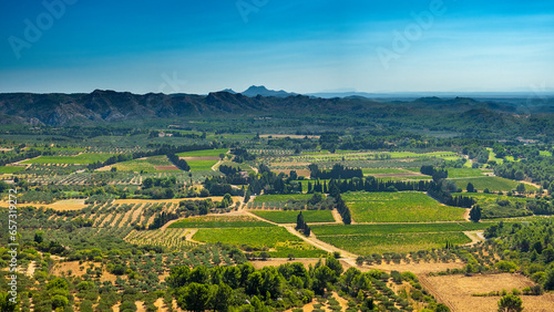 Panorama of the countryside seen on the Alpilles massif. Leases of Provence, Bouches-du-Rhône, France