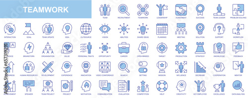Teamwork web icons set in blue line design. Pack of team, recruitment, leadership, agreement, success, leader, problem solving, interaction, goal, idea, vision, other. Vector outline stroke pictograms