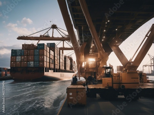 A cargo ship unloading containers at the port photo