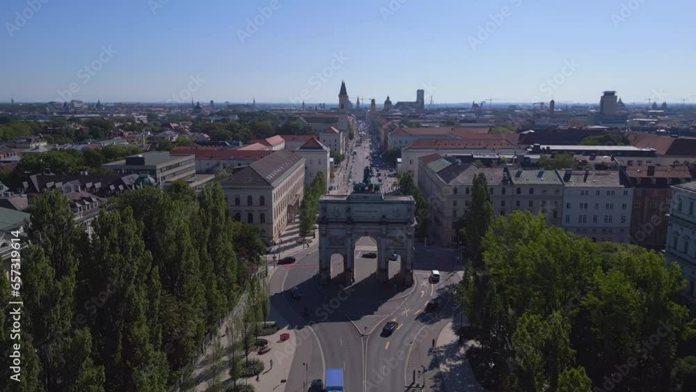 Stunning aerial view flight drone Victory Gate old street town Munich Germany Stunning aerial view flight drone Victory Gate old street town Munich Germany