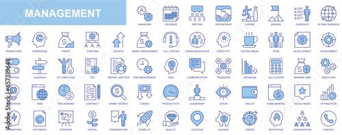 Management web icons set in blue line design. Pack of meeting, partnership, career, mission, global business, promotion, experiment, profit, staff productivity, other. Vector outline stroke pictograms