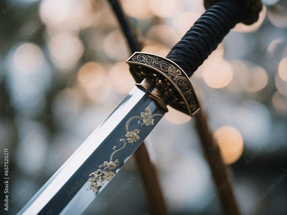 close-up view of samurai sword with details close-up view of samurai sword with details