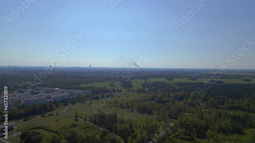 Smooth aerial top view drone Fire Black cloud of smoke over the citytown Munich photo