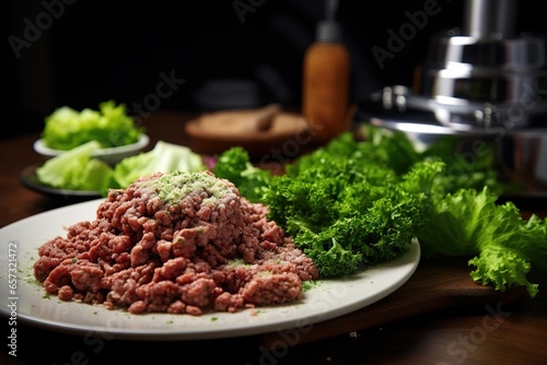 raw minced meatless plant based meat , vegan mince meat with lettuce vegetables, chickpeas, soy and proteins, vegetarian meal on dark. photo