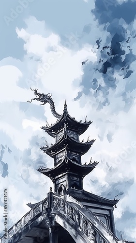 Dragon flying over a chinese temple japanese sumi Ai generated art