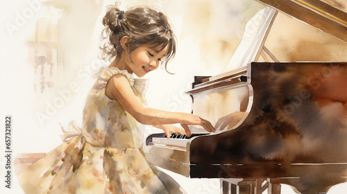 フォーマルな服装で楽しそうにピアノを演奏する子どもの水彩画