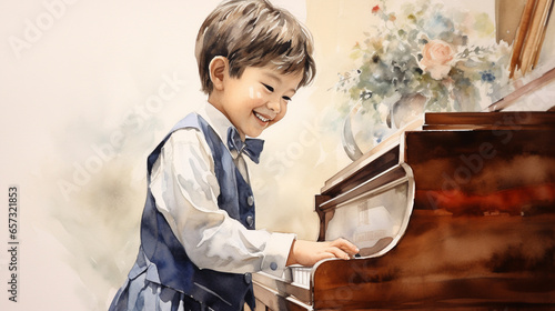 フォーマルな服装で楽しそうにピアノを演奏する子どもの水彩画