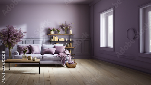 Edle Wohnecke mit schönen rosa flieder Farbenen Dekos und schöner Couch im modernen Stil im Querformat für Banner, ai generativ photo