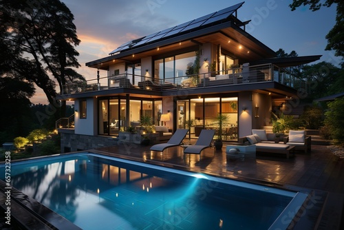 Modern house with solar panels and pool © Kay