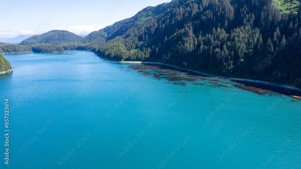 Aerial View of Inside passage in Alaska with turquoise water