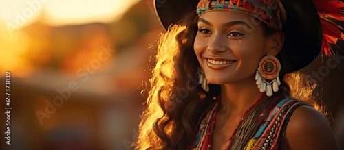 Nicaraguan traditional dancer in typical Central American costume smiling and facing camera at sunset resembling attire from Mexico Honduras El Salvador Guatemala and South America With copy photo