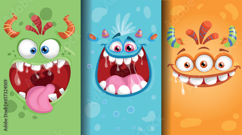 Cartoon monster emotions faces set. Cute monster faces with different expressions. Best for children supplies and party designs. Vector illustrations collection.