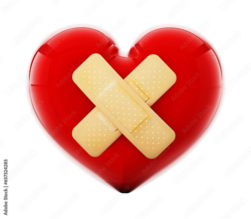 First aid plasters on heart. Transparent background. 3D illustration First aid plasters on heart. Transparent background. 3D illustration