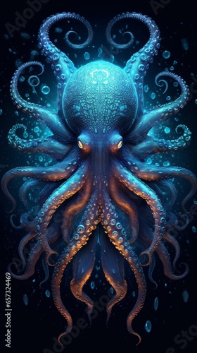 Fantasy octopus many eyes female dark blue illustration image AI generated art