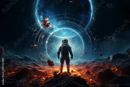 An astronaut standing on the edge of a gravitational anomaly, where space appears to curve and stretch, creating a visually striking depiction of space-time warping Generative AI