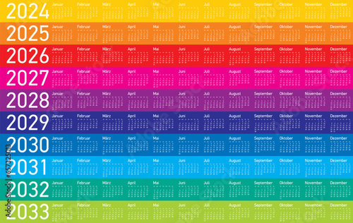 Colorful Calendar for Years 2024 to 2033, in German. Vector Format.