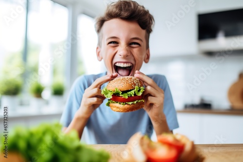 excited happy teen boy eats meatless plant based vegan burger with tomato, lettuce, onion, soya protein burgers, meat free healthy food close up at home.